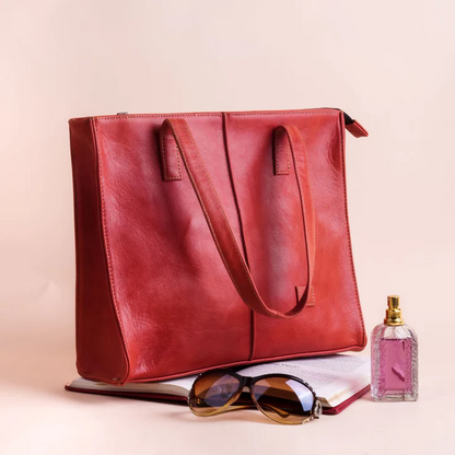 Everyday Women’s Leather Zipper Tote Bag- Candy Red ML-0021