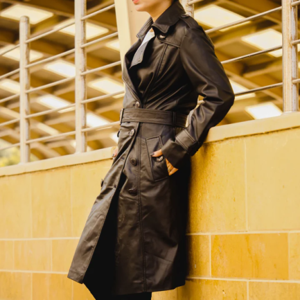 Womens Leather Long Coat-Black-ML-C-008