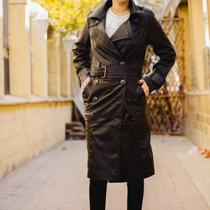 Womens Leather Long Coat-Black-ML-C-008