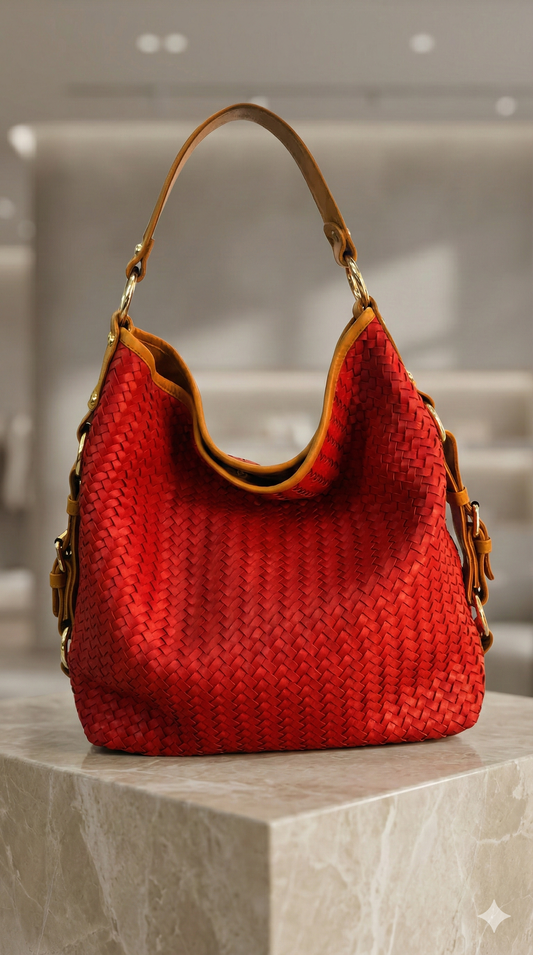 Turkish Red Women Leather Basket Tote Bag–Herringbone Zipper Bag-ML-003