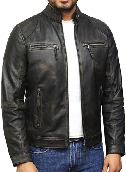 Men Plain Black Vintage Leather Jacket-ML-JK0032