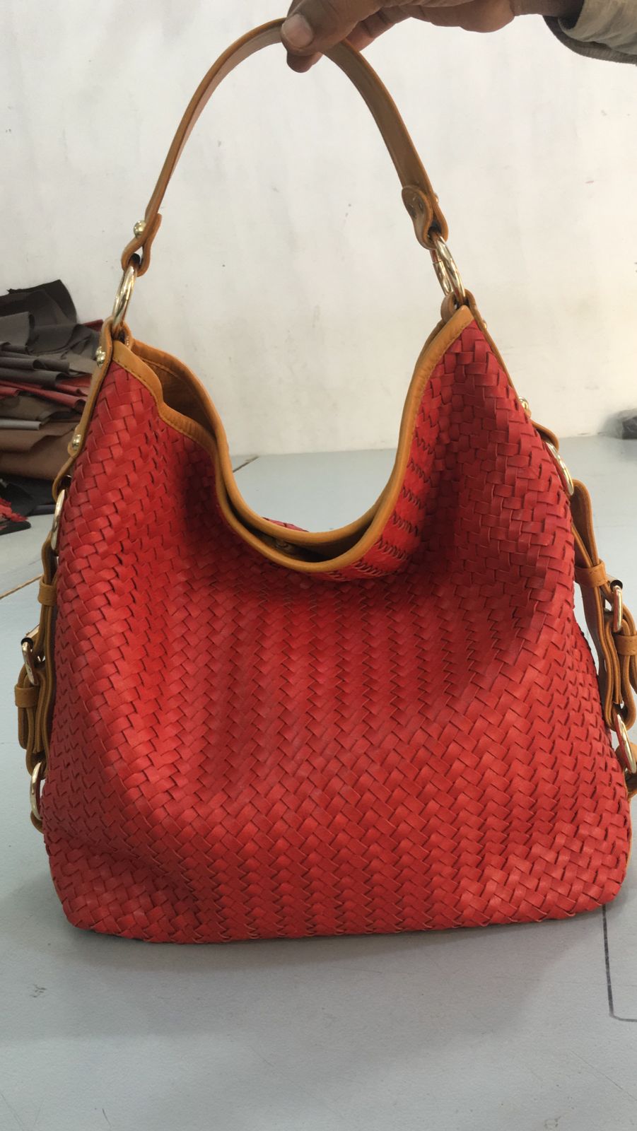 Turkish Red Women Leather Basket Tote Bag–Herringbone Zipper Bag-ML-003