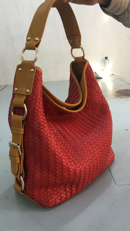 Turkish Red Women Leather Basket Tote Bag–Herringbone Zipper Bag-ML-003