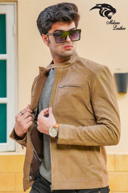 Men Camel Leather Jacket ML-jk009