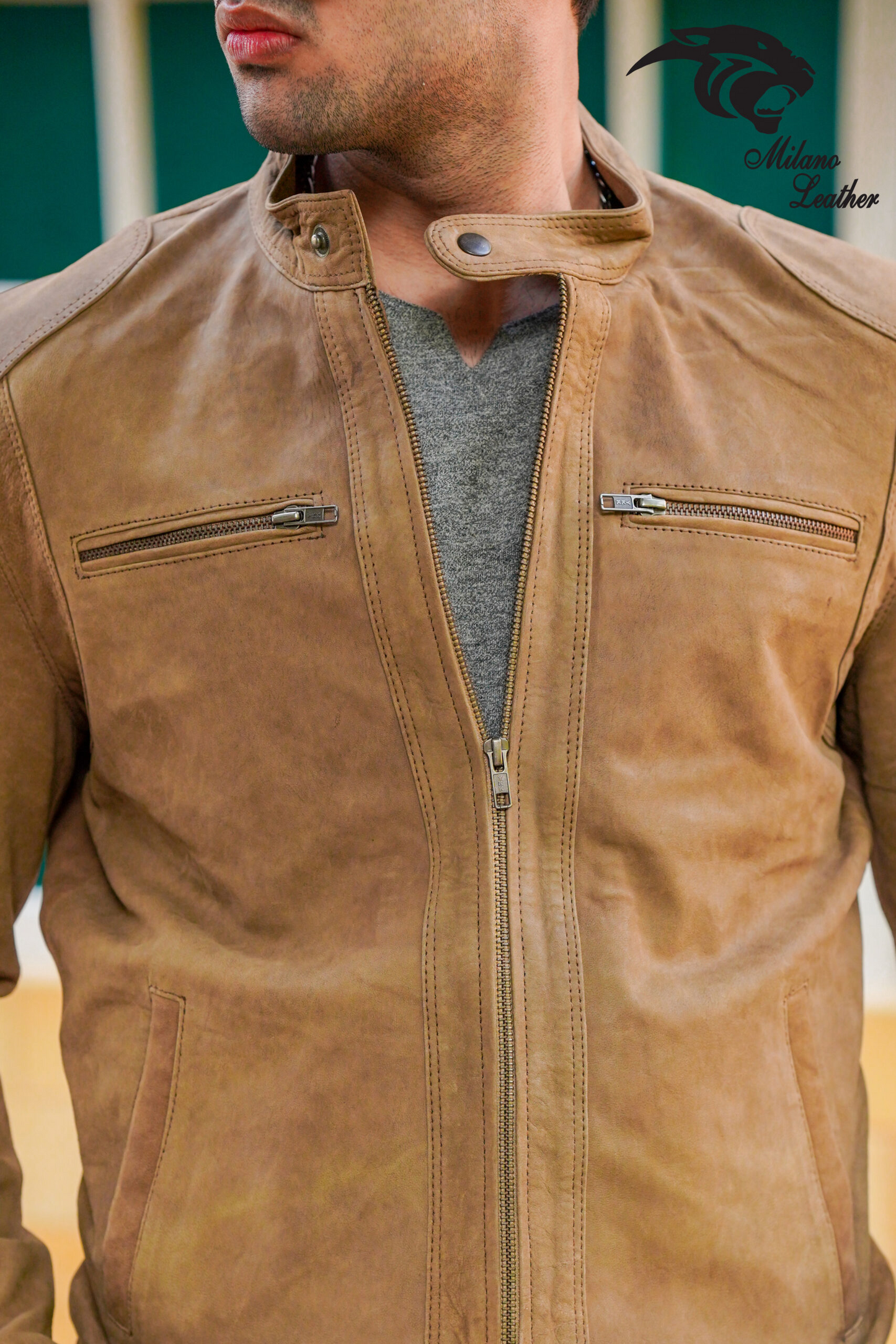 Men Camel Leather Jacket ML-jk009