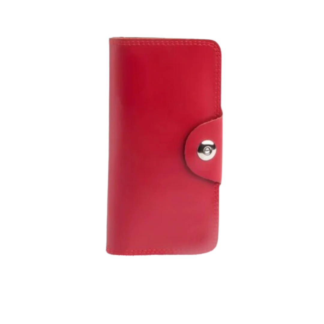 Tri-Fold Pure Leather Long Wallet With Button Closure-RED-ML-0013