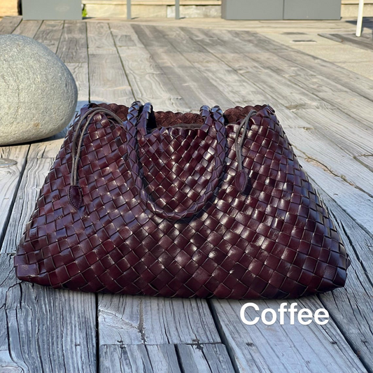 Milano Leather Heringbone Handwoven Genuine Cowhide Leather Tote Bag with Long Handle